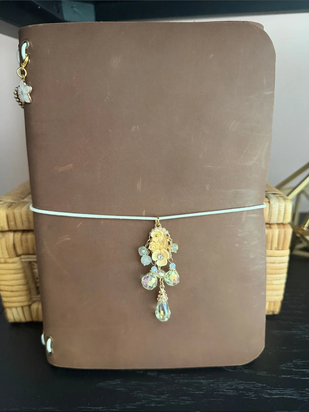 TRACE Brown Leather A5  Journalwith Gold & Crystal Frount Charm & 2 side charms